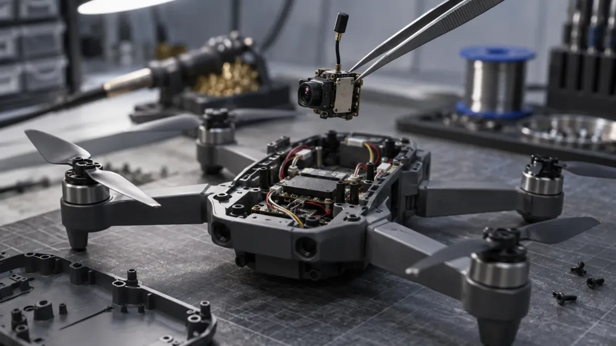 A partly assembled quadcopter on a workbench with its top shell removed, a small camera-and-transmitter module lifted out on tweezers above the open frame, under a cool workshop lamp