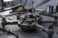 A partly assembled quadcopter on a workbench with its top shell removed, a small camera-and-transmitter module lifted out on tweezers above the open frame, under a cool workshop lamp