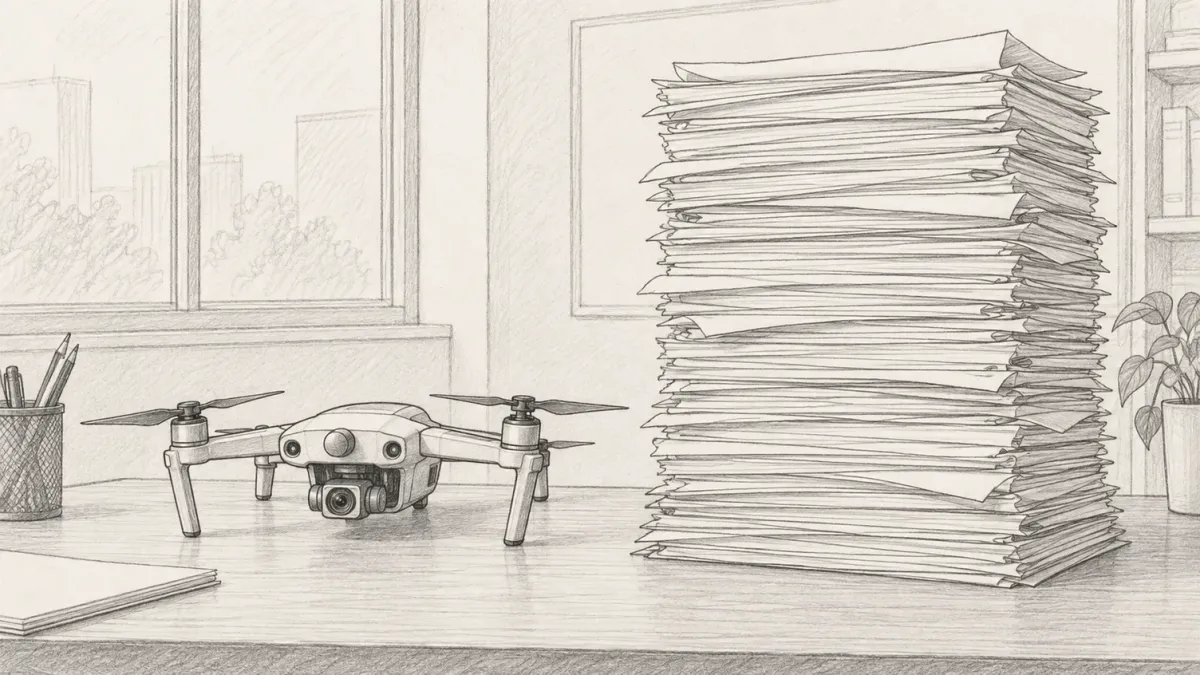 Graphite line drawing of a small camera drone on a desk beside a paper stack far taller than it, in a plain office interior