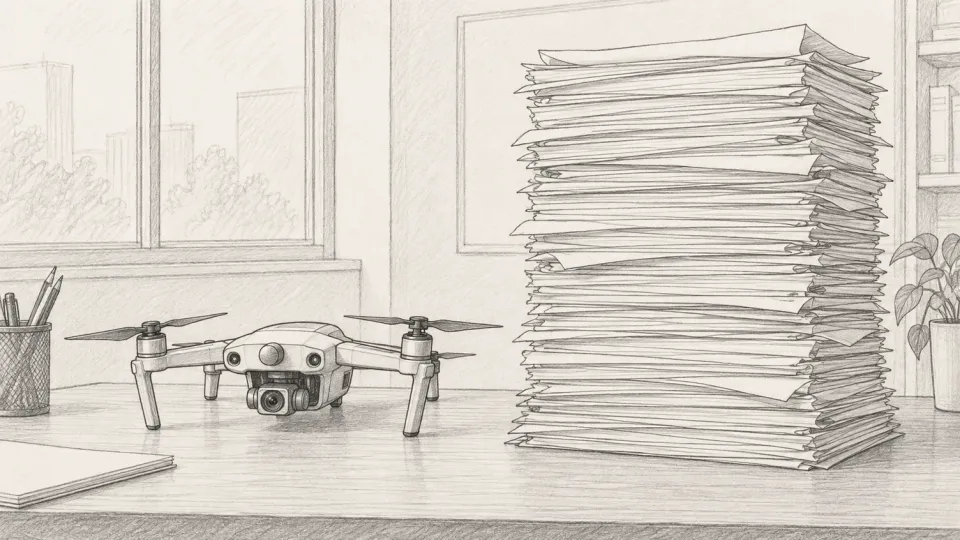 Graphite line drawing of a small camera drone on a desk beside a paper stack far taller than it, in a plain office interior
