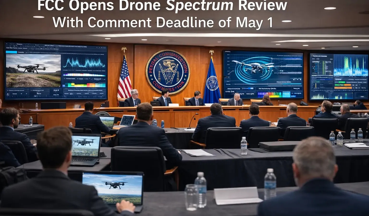 FCC building exterior with radio tower in background, drone spectrum regulation