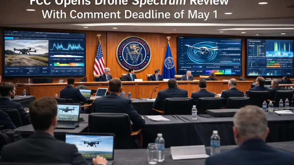 FCC building exterior with radio tower in background, drone spectrum regulation