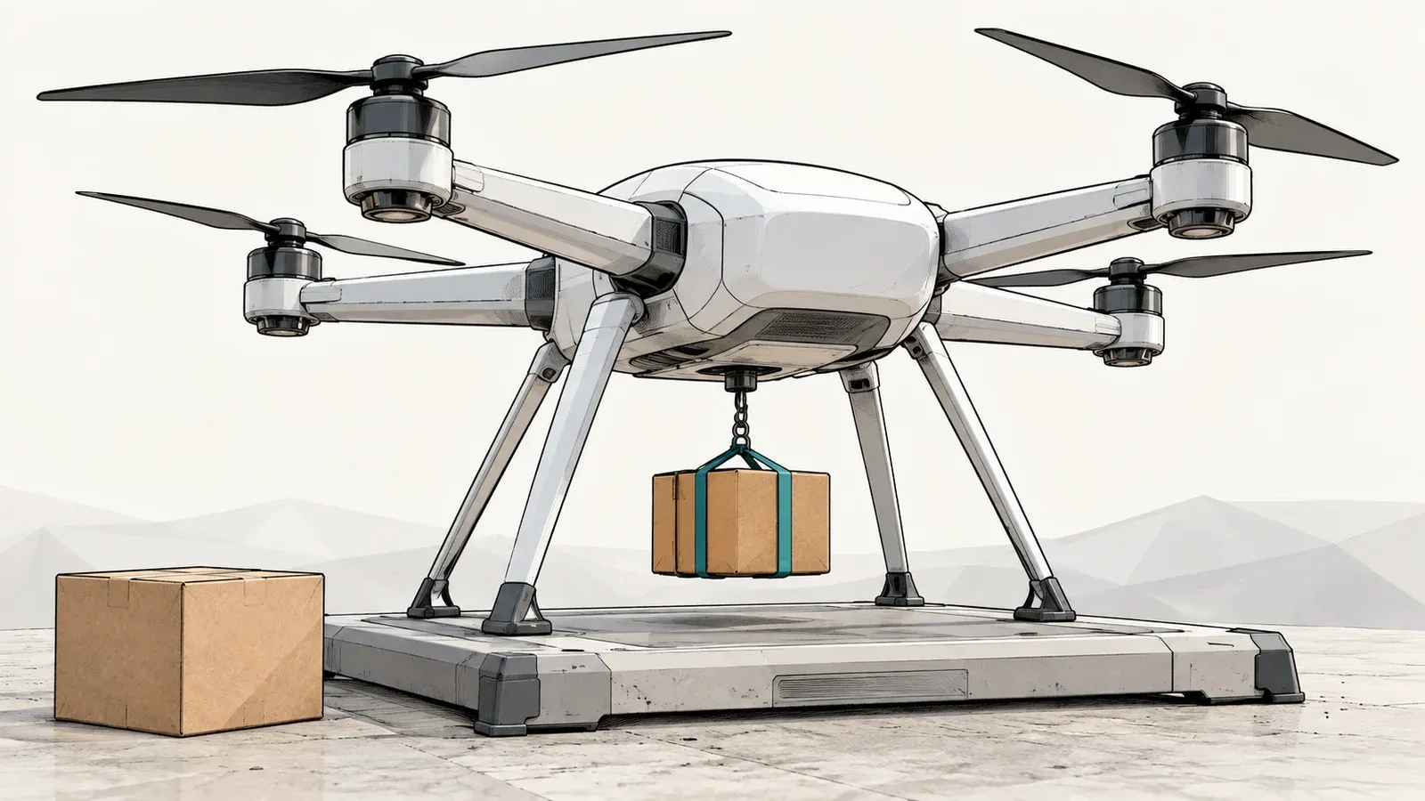 Illustration of a white electric delivery multirotor with a small parcel on a tether, standing on a low launch platform beside a closed cardboard box