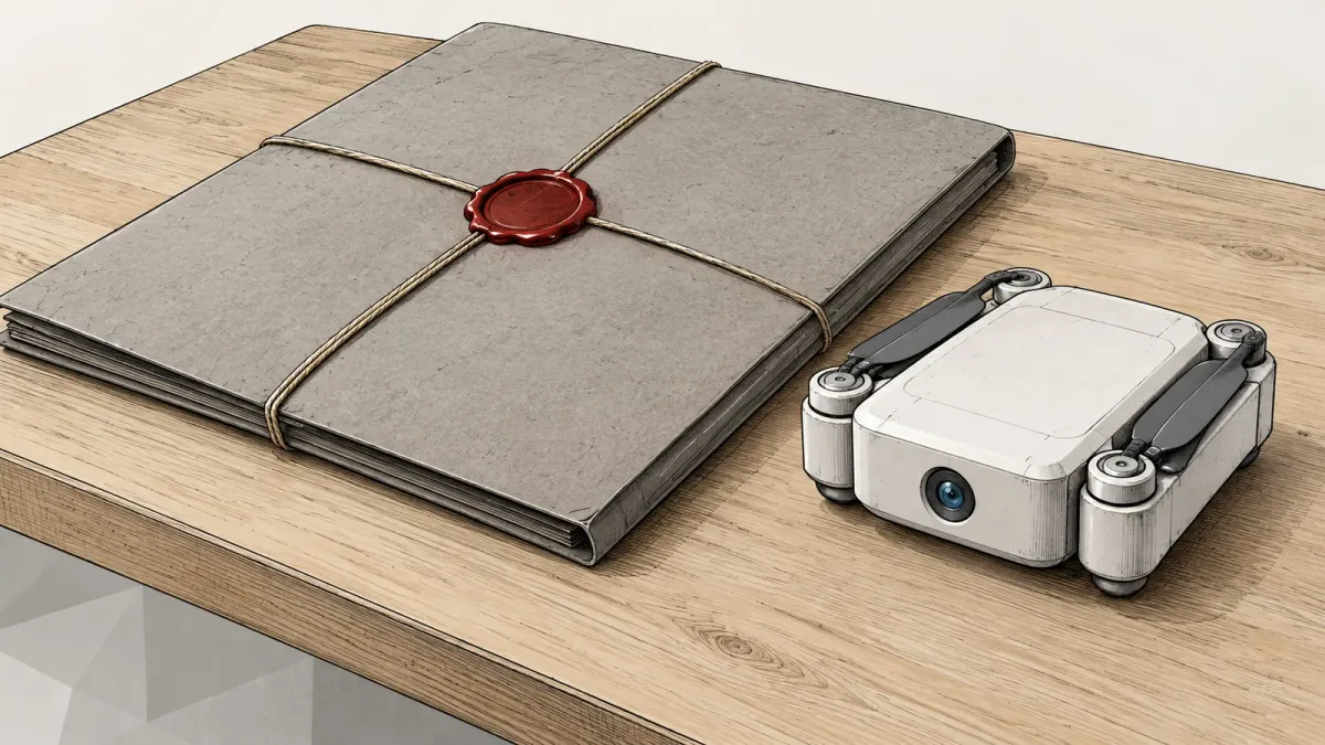 Illustration of a grey document folder tied with string and a red wax seal beside a generic white folded quadcopter with a blue camera lens on a pale wooden desk