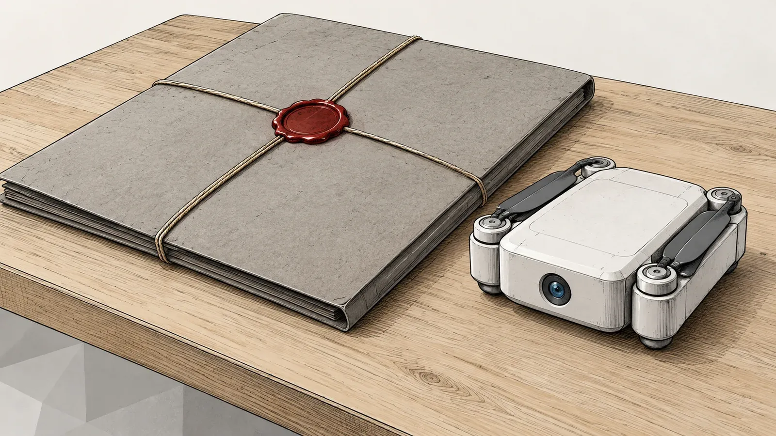Illustration of a grey document folder tied with string and a red wax seal beside a generic white folded quadcopter with a blue camera lens on a pale wooden desk
