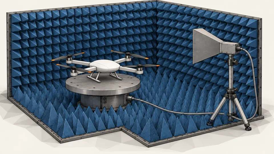 Illustration of a generic white quadcopter on a turntable inside a grey radio test chamber lined with blue foam pyramids, on an off-white background
