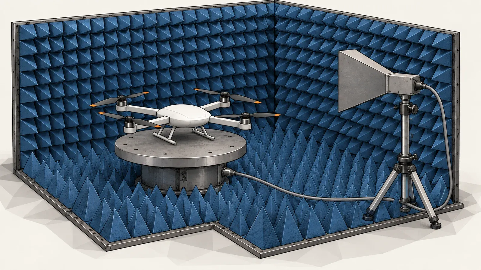 Illustration of a generic white quadcopter on a turntable inside a grey radio test chamber lined with blue foam pyramids, on an off-white background