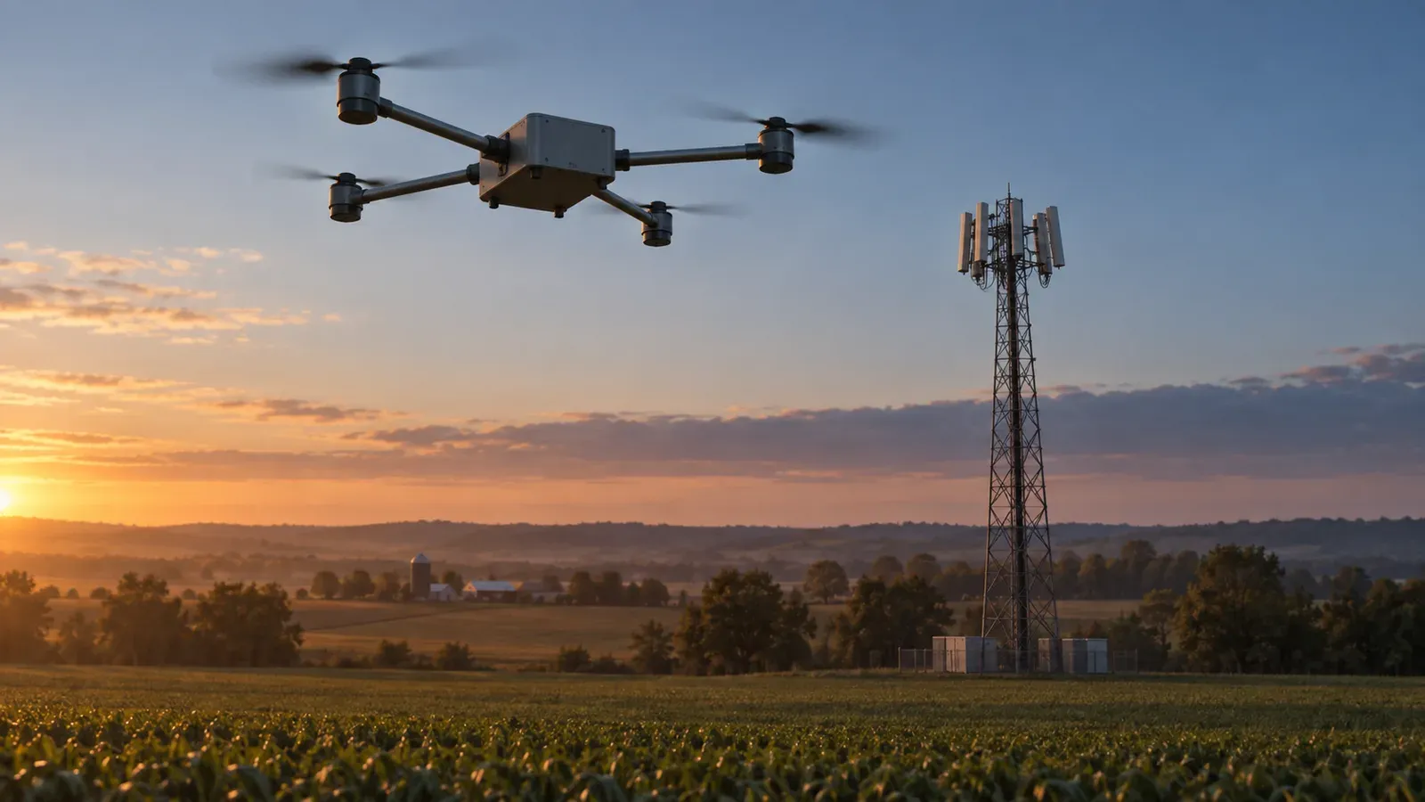 A generic grey tube-arm quadcopter hovering over a farm field at dusk, with a lattice cellular mast in the middle distance and its panel antennas tilted toward the ground