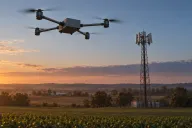 A generic grey tube-arm quadcopter hovering over a farm field at dusk, with a lattice cellular mast in the middle distance and its panel antennas tilted toward the ground