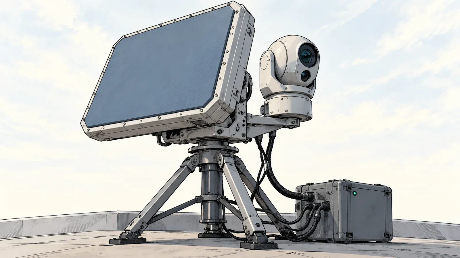Illustration of a grey drone detection radar panel and a camera turret on a tripod at a rooftop edge, under a pale sky