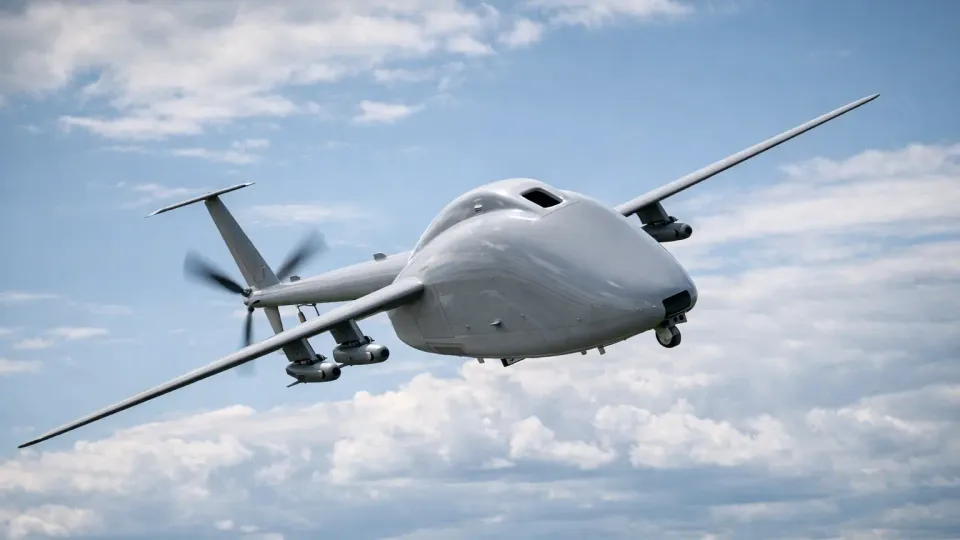 Illustration of a generic pusher-propeller fixed-wing drone in flight with pods under its wings