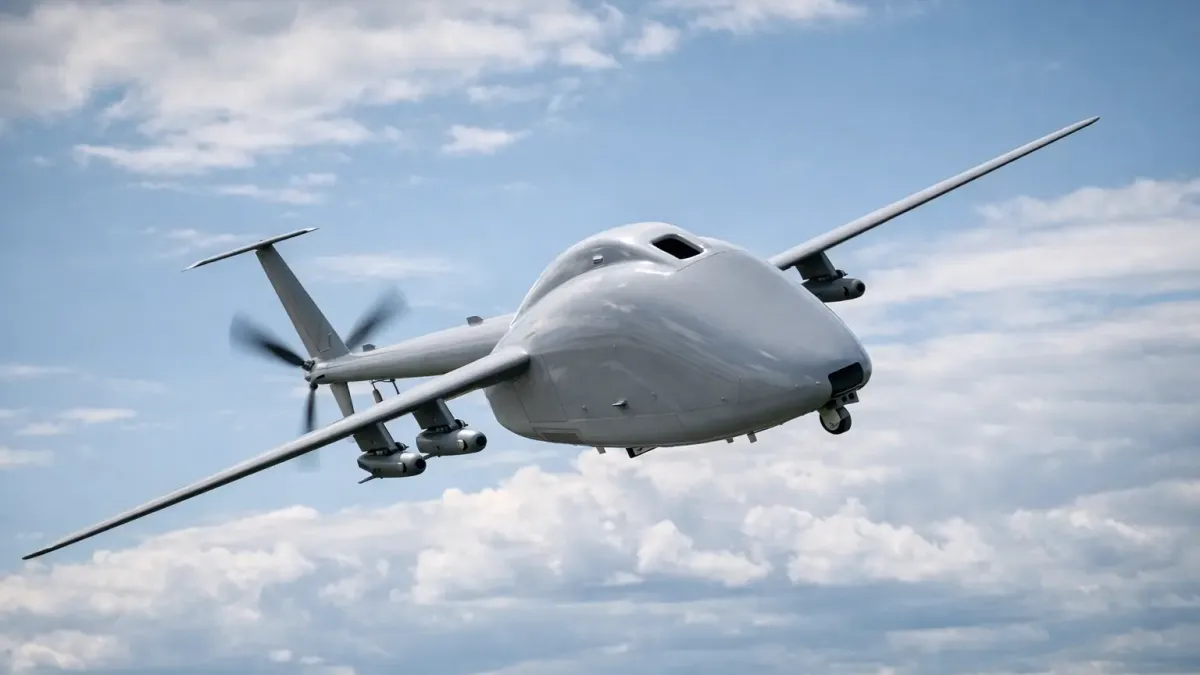 Illustration of a generic pusher-propeller fixed-wing drone in flight with pods under its wings