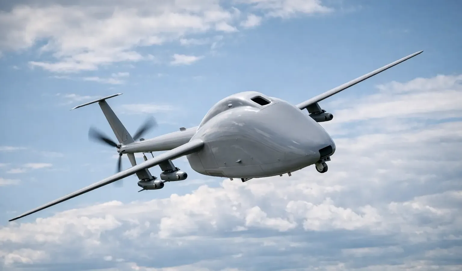Illustration of a generic pusher-propeller fixed-wing drone in flight with pods under its wings