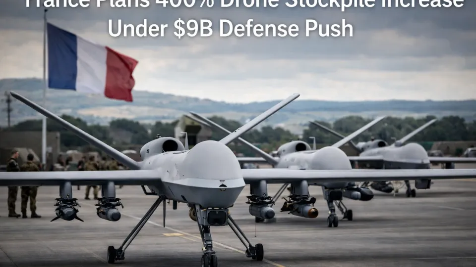 French military drone on an airfield with ground crew, European defense procurement