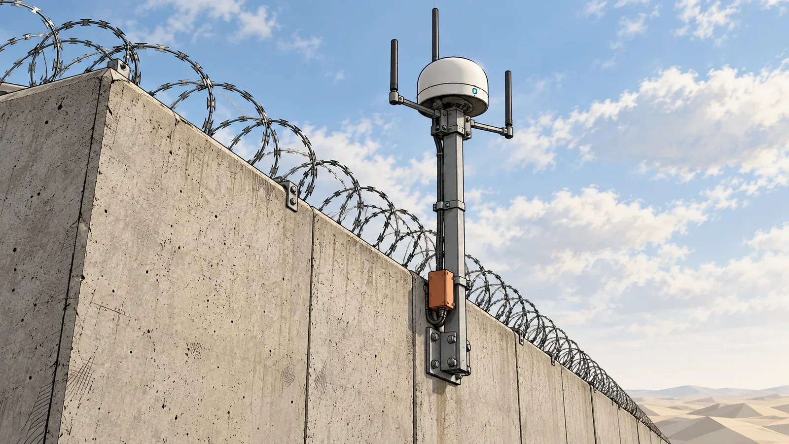 Illustration of a grey sensor mast with a white dome, three antennas and an orange cable box fixed to a high concrete wall topped with coiled wire, under a pale blue sky