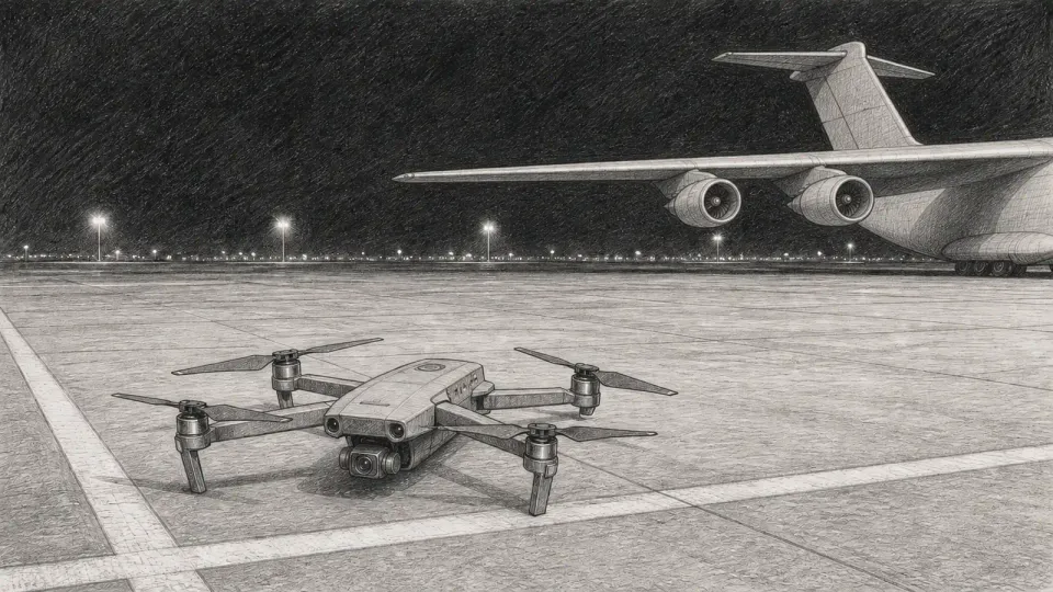 Line drawing of a small four-rotor drone resting on an empty airport apron at night, seen from a low angle, with the tail and wing of a large cargo aircraft rising behind it
