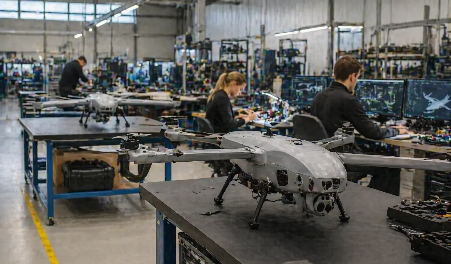 Technicians at computer screens in a workshop with grey vertical-takeoff drones on benches