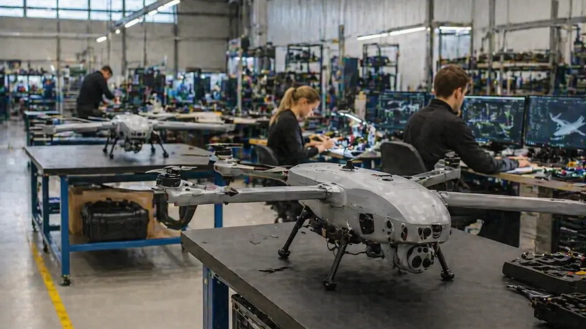 Technicians at computer screens in a workshop with grey vertical-takeoff drones on benches