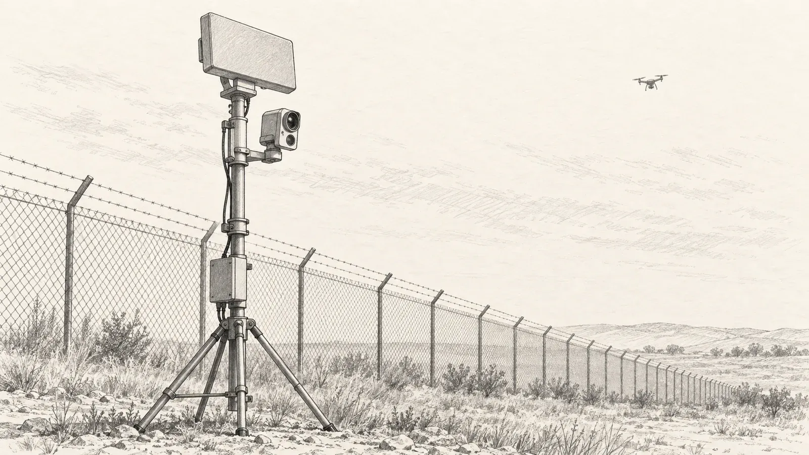 Graphite line drawing of a compact radar panel and a camera housing on a tripod mast beside a perimeter fence, with a small quadcopter outline in the sky