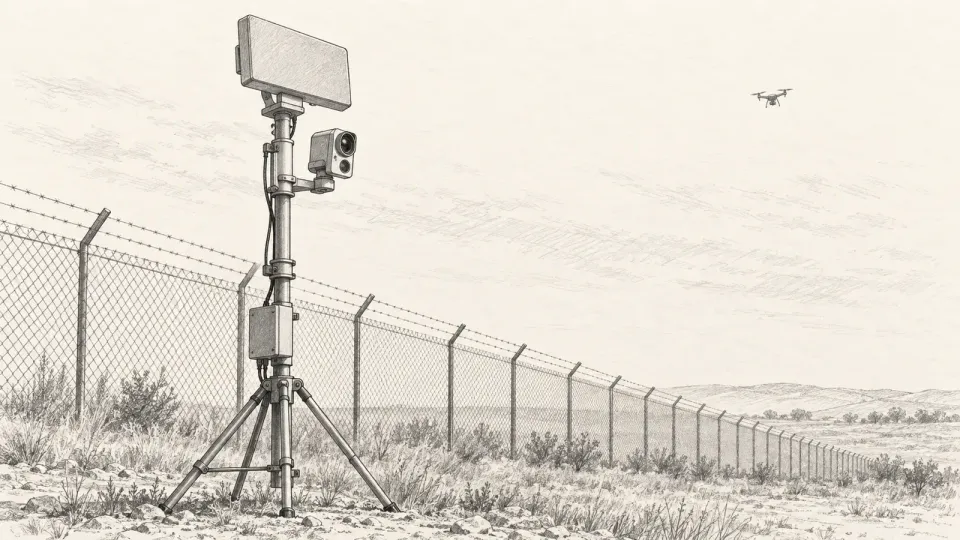 Graphite line drawing of a compact radar panel and a camera housing on a tripod mast beside a perimeter fence, with a small quadcopter outline in the sky