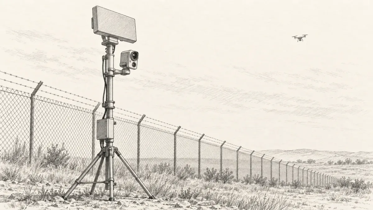Graphite line drawing of a compact radar panel and a camera housing on a tripod mast beside a perimeter fence, with a small quadcopter outline in the sky