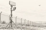Graphite line drawing of a compact radar panel and a camera housing on a tripod mast beside a perimeter fence, with a small quadcopter outline in the sky