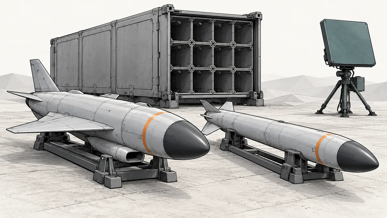 Illustration of two generic slim grey interceptors, one with a small jet intake and one rocket-shaped, beside an open launch container and a small ground radar on a minimal low-poly ground, on an off-white background