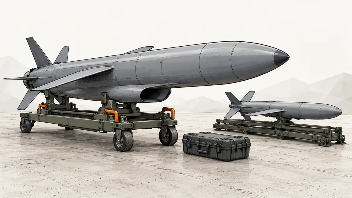 Illustration of a slender grey cruise missile on a wheeled ground-handling cradle beside a smaller grey strike drone with a cross-shaped tail on a folded launch rail