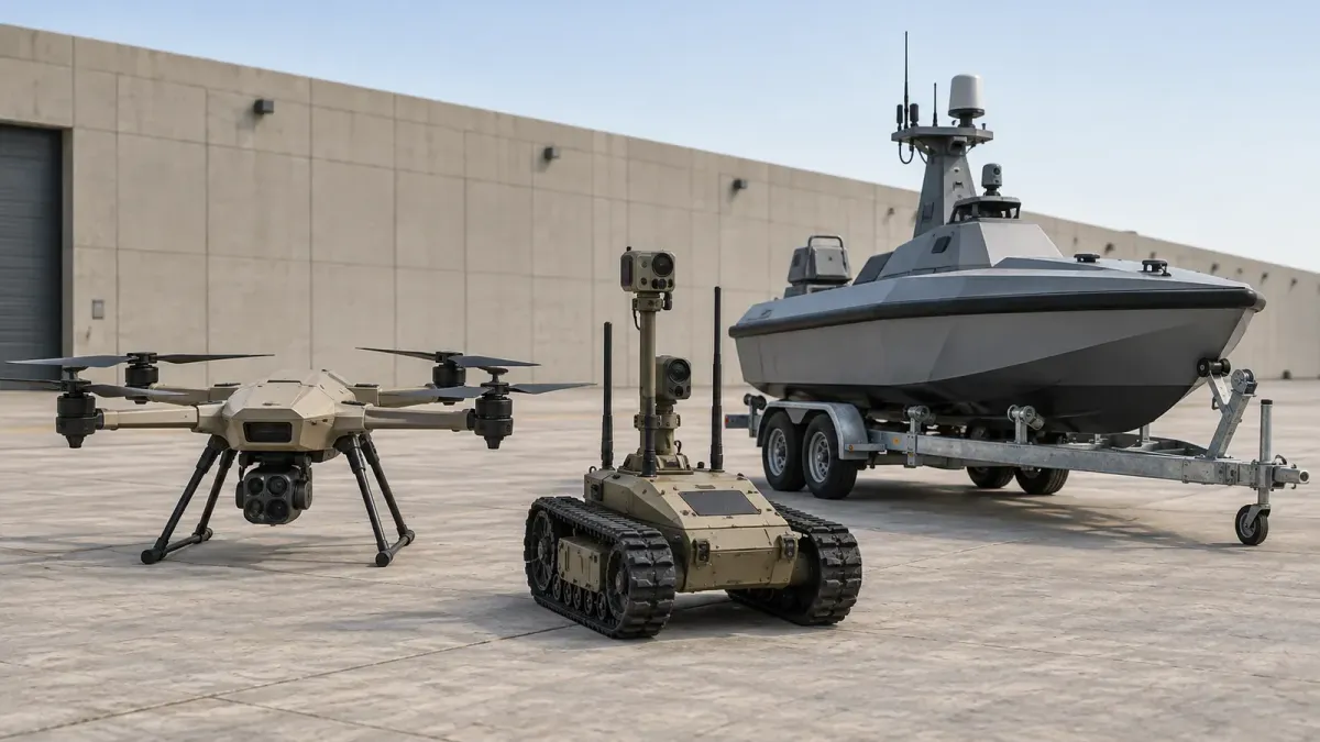 Generic quadcopter, small uncrewed ground vehicle and uncrewed surface vessel arranged on a concrete apron under flat daylight, no markings