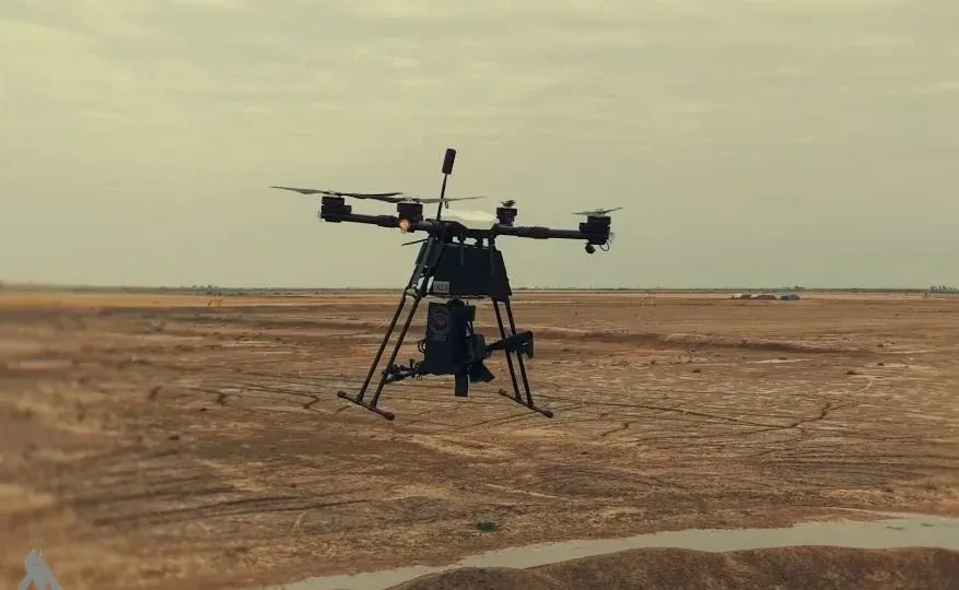 SARA 1 quadcopter combat drone with mounted infantry rifle and thermal camera system