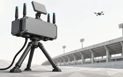 Illustration of a tripod-mounted counter-drone antenna unit in front of the curved edge of a generic stadium, with a small quadcopter in the sky, on an off-white background