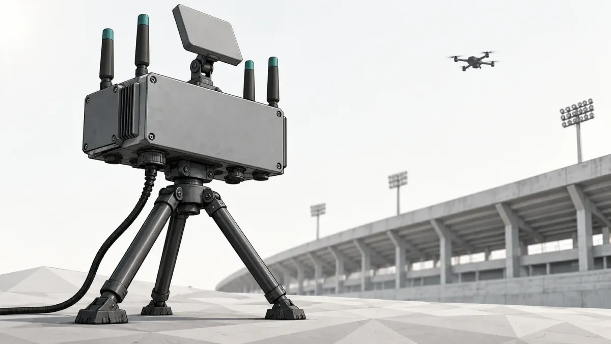 Illustration of a tripod-mounted counter-drone antenna unit in front of the curved edge of a generic stadium, with a small quadcopter in the sky, on an off-white background