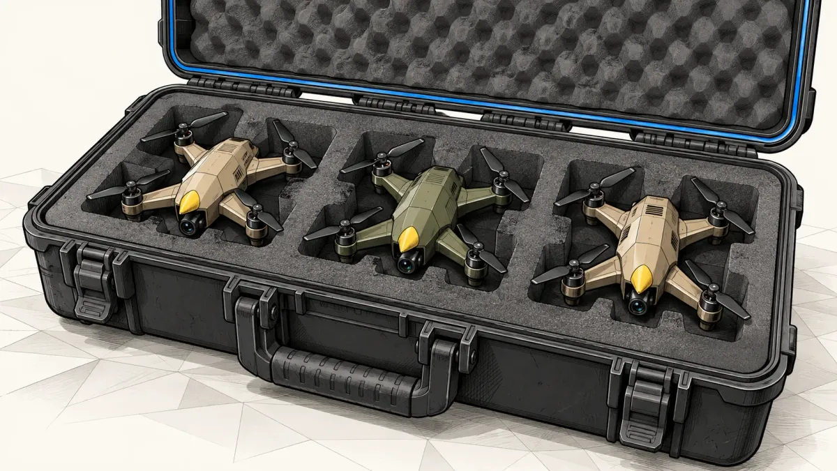 Illustration of three small generic quadcopter interceptor drones with pointed noses resting in an open grey transport case, on an off-white background