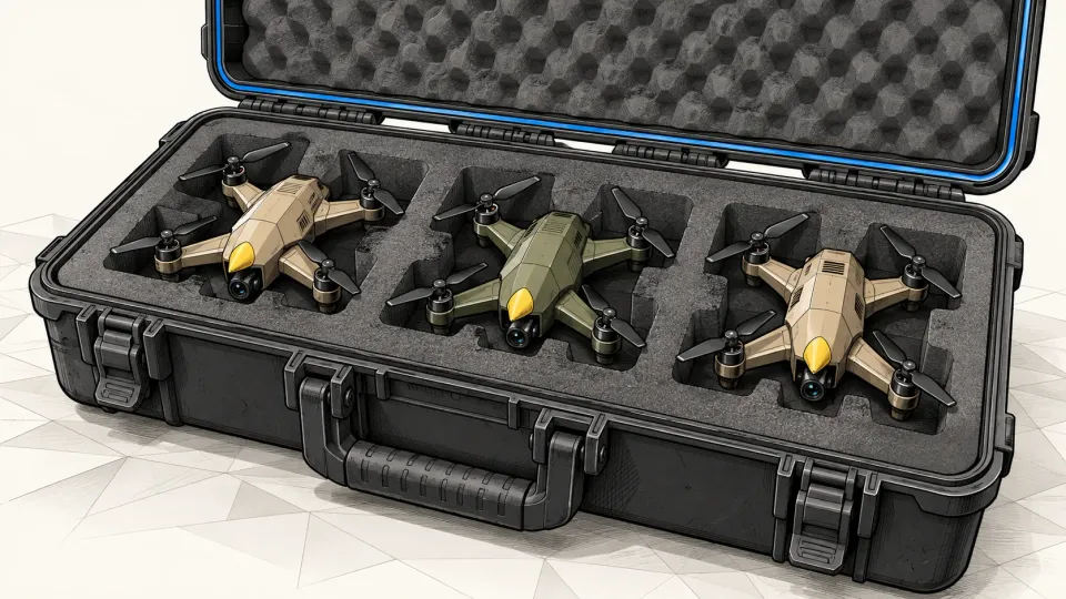 Illustration of three small generic quadcopter interceptor drones with pointed noses resting in an open grey transport case, on an off-white background