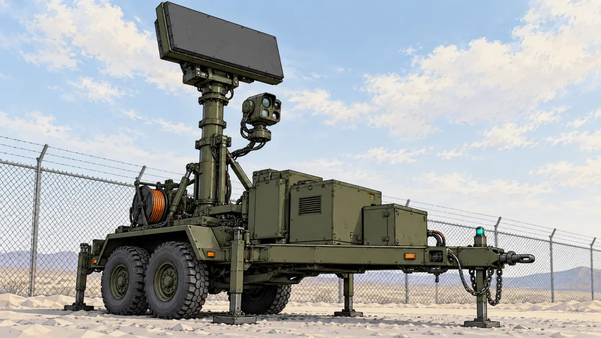 Illustration of a generic counter-drone sensor mast with a flat radar panel and a camera turret on a trailer beside a chain-link fence, under a pale sky