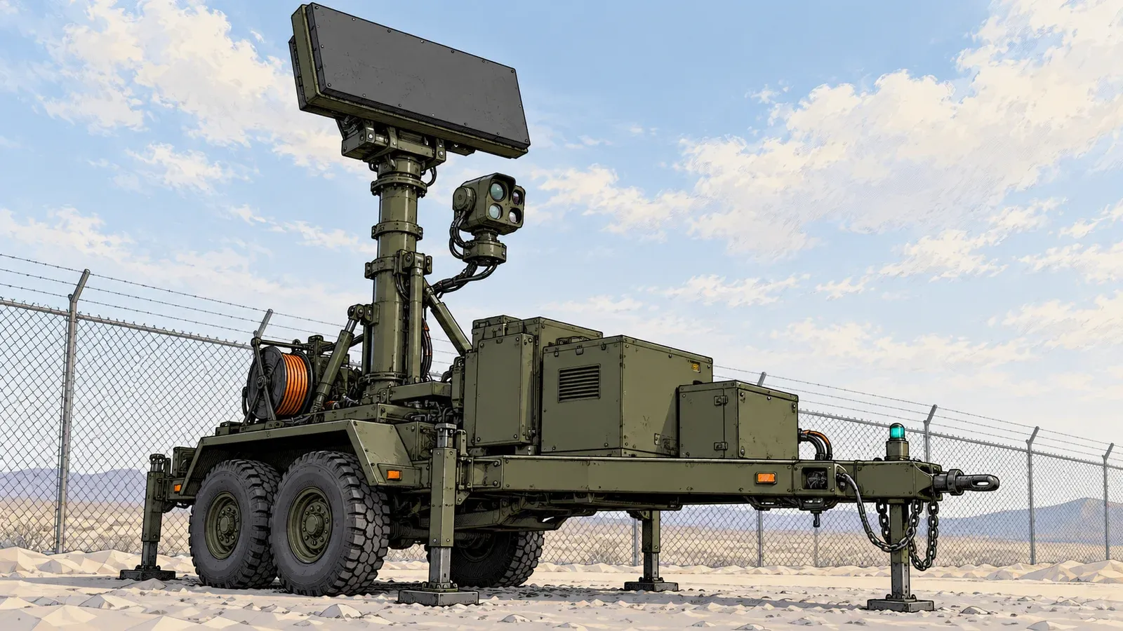 Illustration of a generic counter-drone sensor mast with a flat radar panel and a camera turret on a trailer beside a chain-link fence, under a pale sky