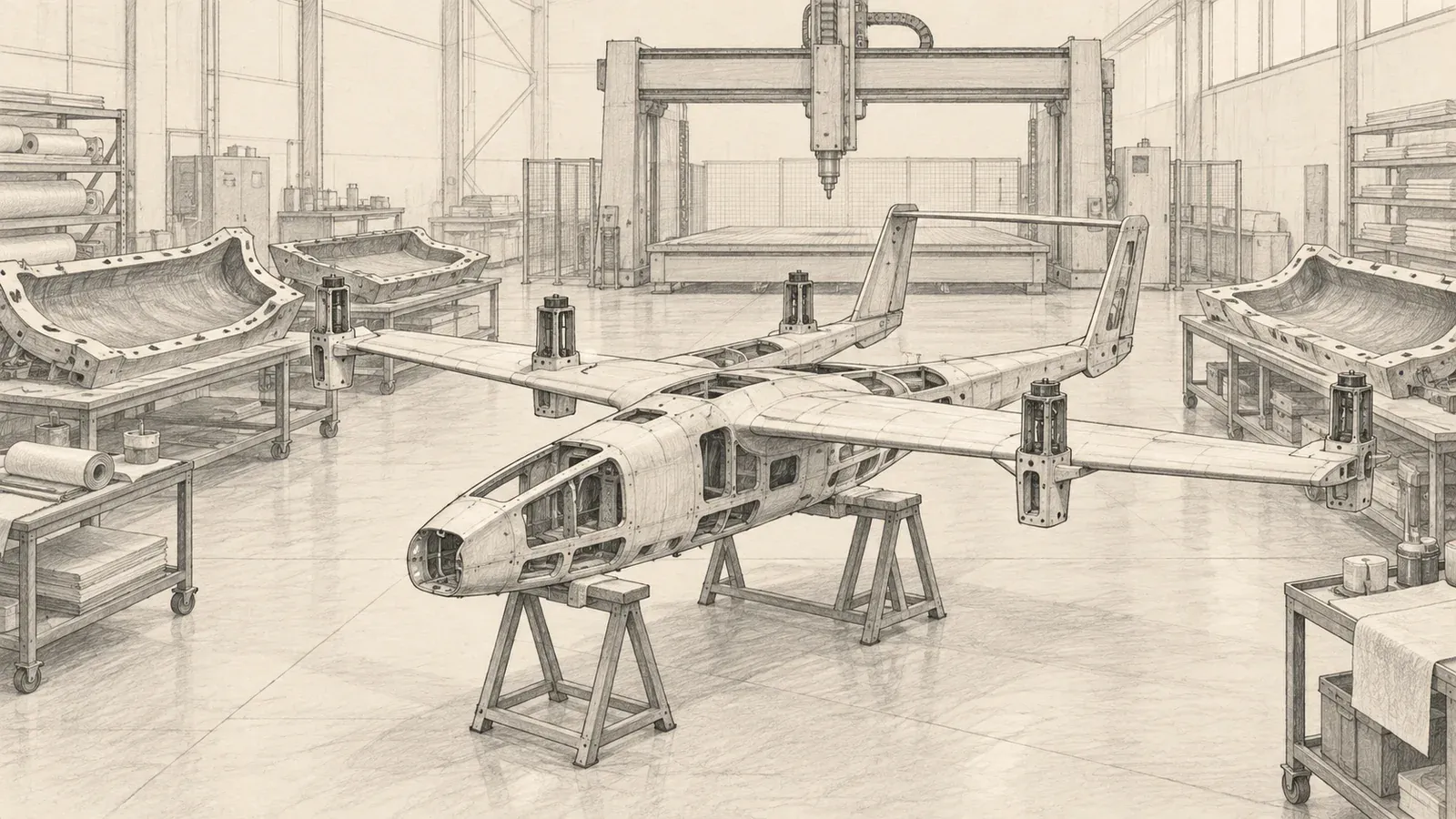 Graphite line drawing of an unpainted fixed-wing drone airframe resting on trestles in a composites workshop, with moulds and a large machining gantry behind it