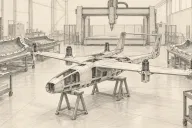 Graphite line drawing of an unpainted fixed-wing drone airframe resting on trestles in a composites workshop, with moulds and a large machining gantry behind it
