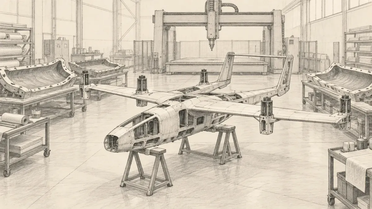 Graphite line drawing of an unpainted fixed-wing drone airframe resting on trestles in a composites workshop, with moulds and a large machining gantry behind it