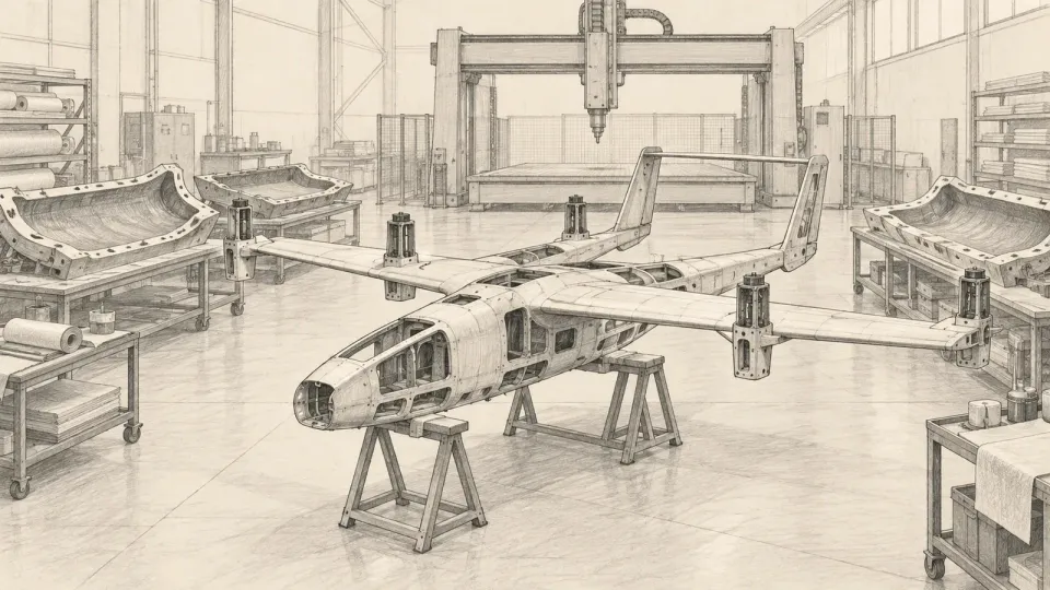 Graphite line drawing of an unpainted fixed-wing drone airframe resting on trestles in a composites workshop, with moulds and a large machining gantry behind it