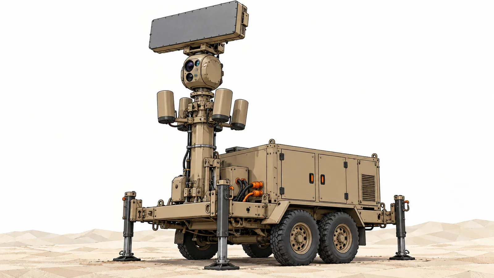 Illustration of a generic counter-drone radar and camera mast on a small trailer, on an off-white background