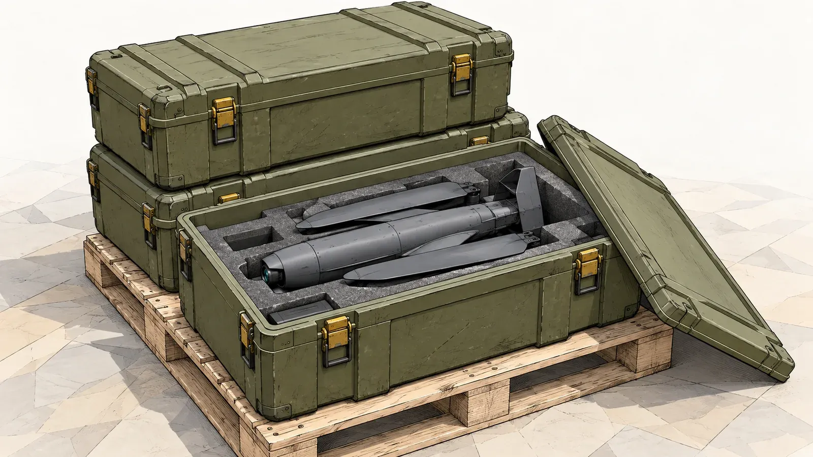 Illustration of plain olive-green storage crates on a pallet, one open to show a generic folded-wing drone in grey foam, on an off-white background