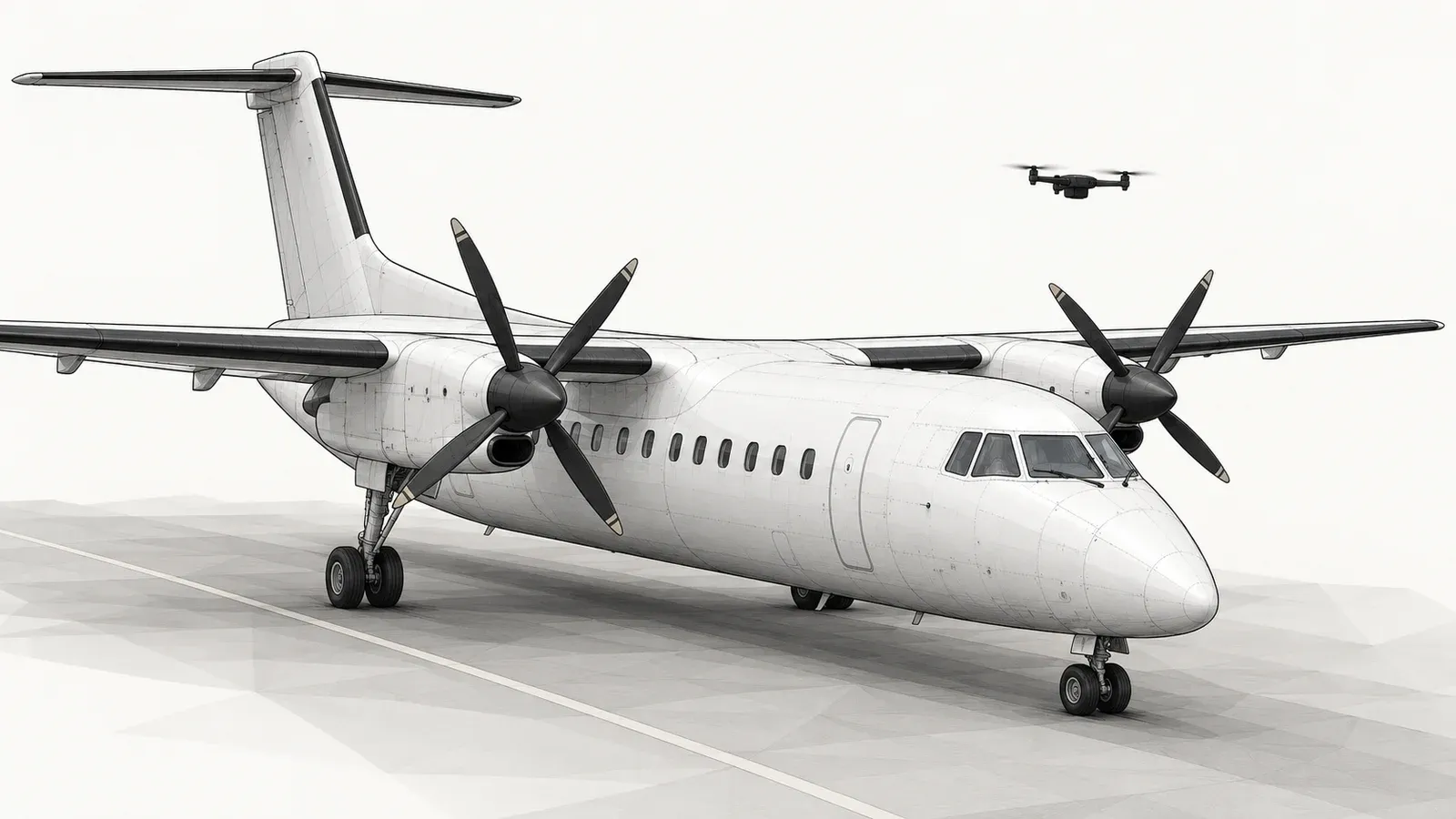 Illustration of a plain regional airliner waiting on a taxiway with a small drone silhouette in the sky ahead of it, on an off-white background