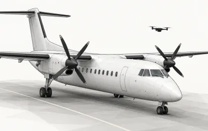 Illustration of a plain regional airliner waiting on a taxiway with a small drone silhouette in the sky ahead of it, on an off-white background