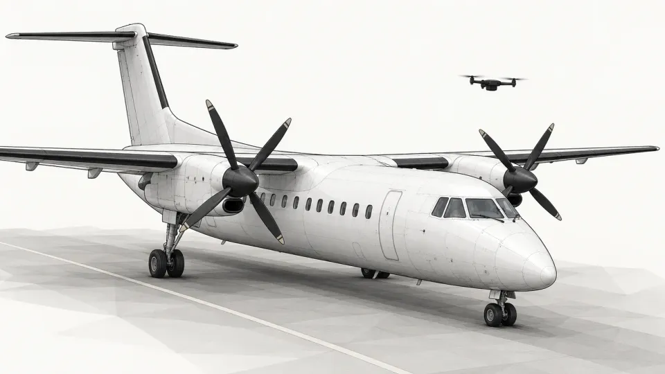 Illustration of a plain regional airliner waiting on a taxiway with a small drone silhouette in the sky ahead of it, on an off-white background