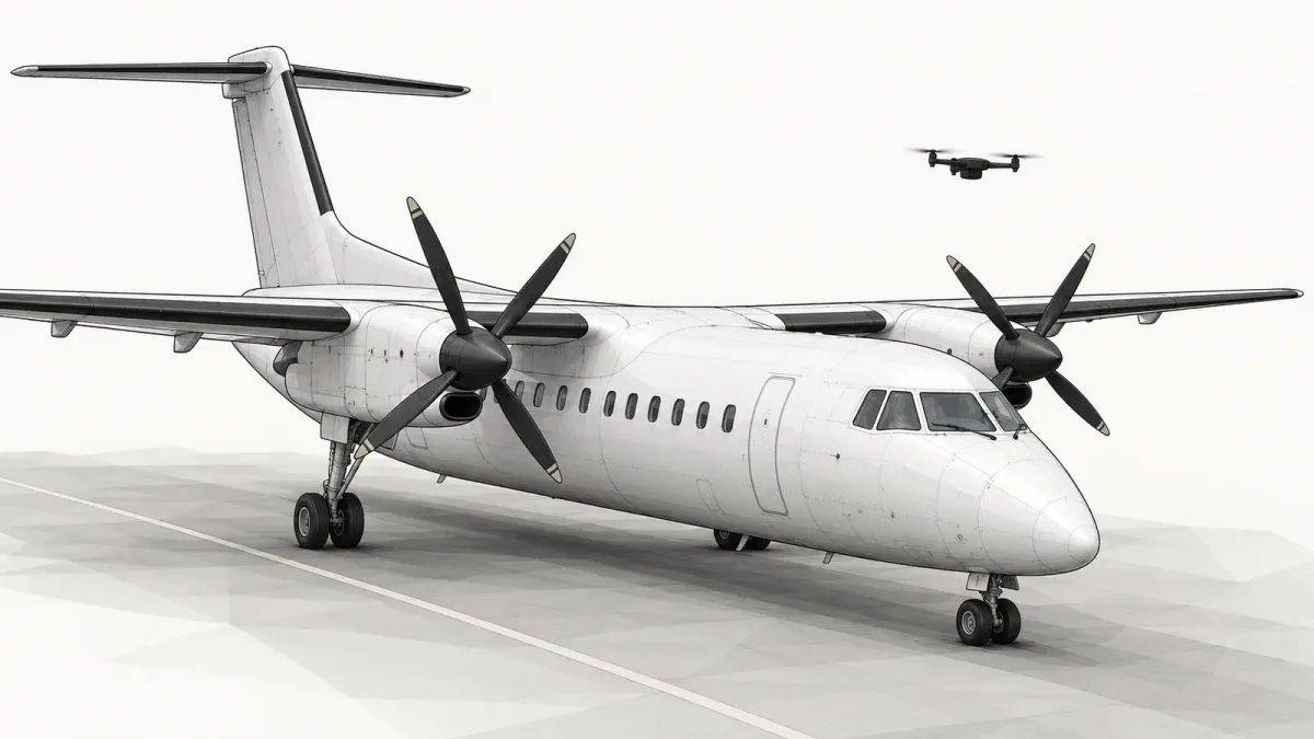 Illustration of a plain regional airliner waiting on a taxiway with a small drone silhouette in the sky ahead of it, on an off-white background
