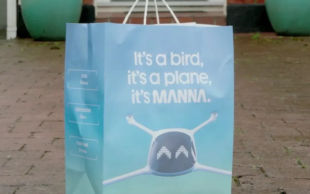 Manna drone delivering a package to a residential garden in Dublin Ireland