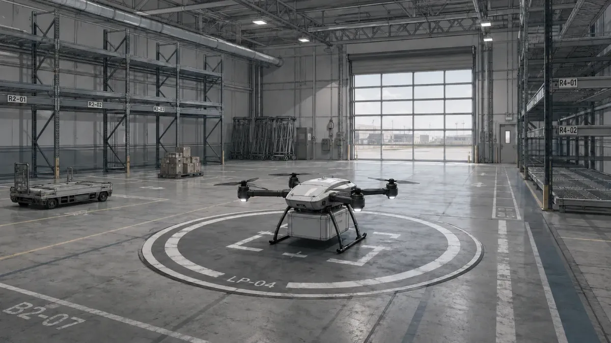 Technical illustration of a generic cargo-drone on a circular landing pad in a mostly empty logistics bay