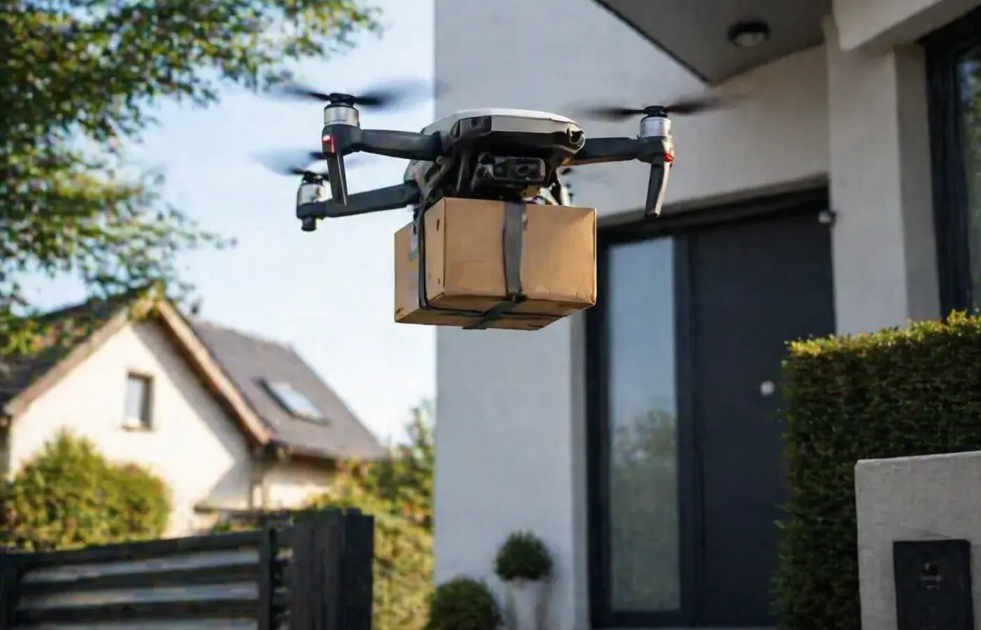 A generic quadcopter carrying a cardboard box outside a house