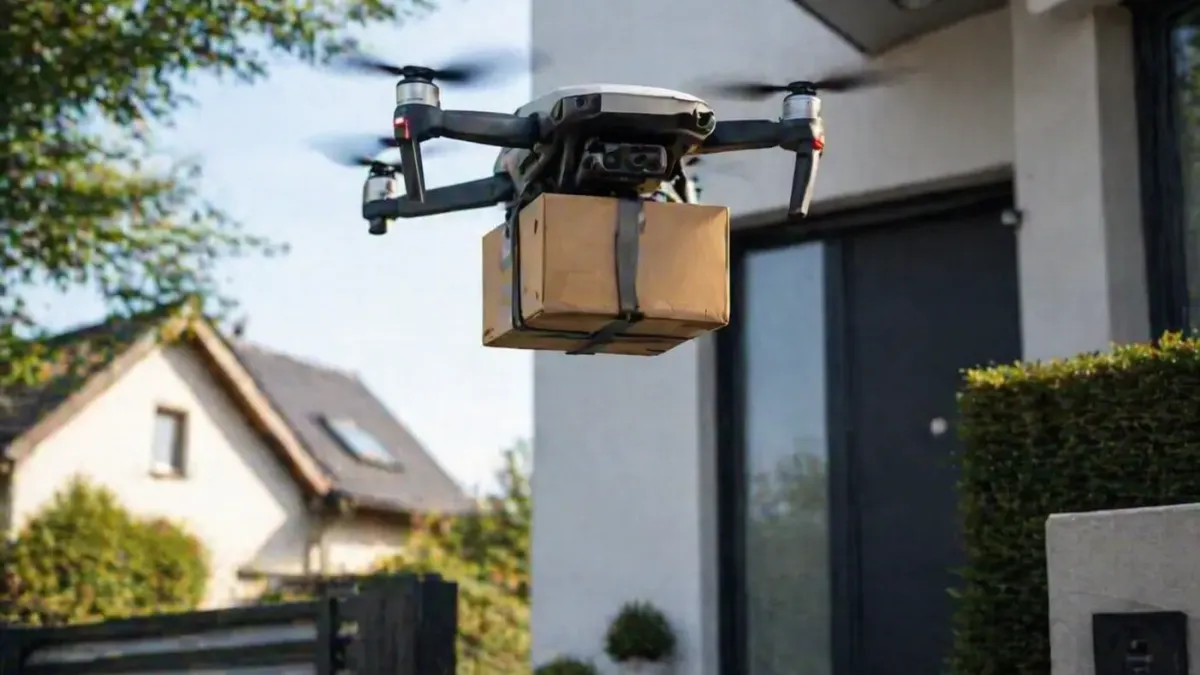Matternet autonomous delivery drone in flight over an urban area carrying a medical cargo box